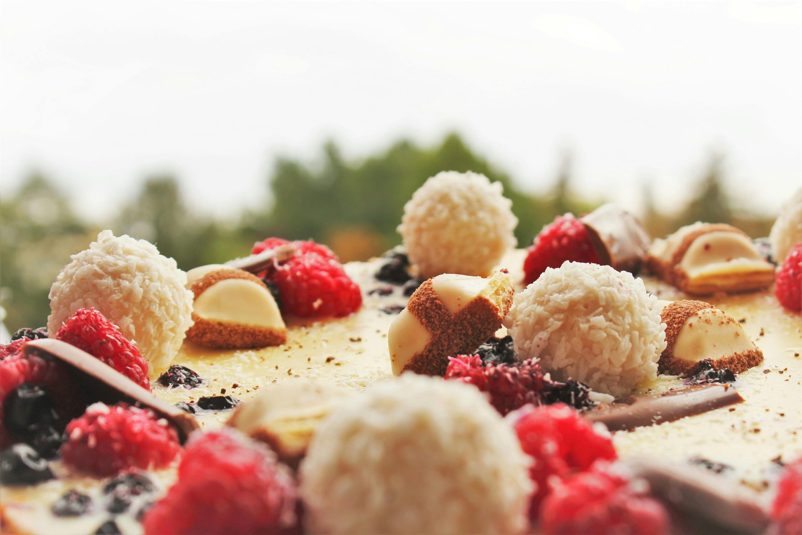 A close-up view of a tasty dessert cake topped with raspberries and chocolate treats.